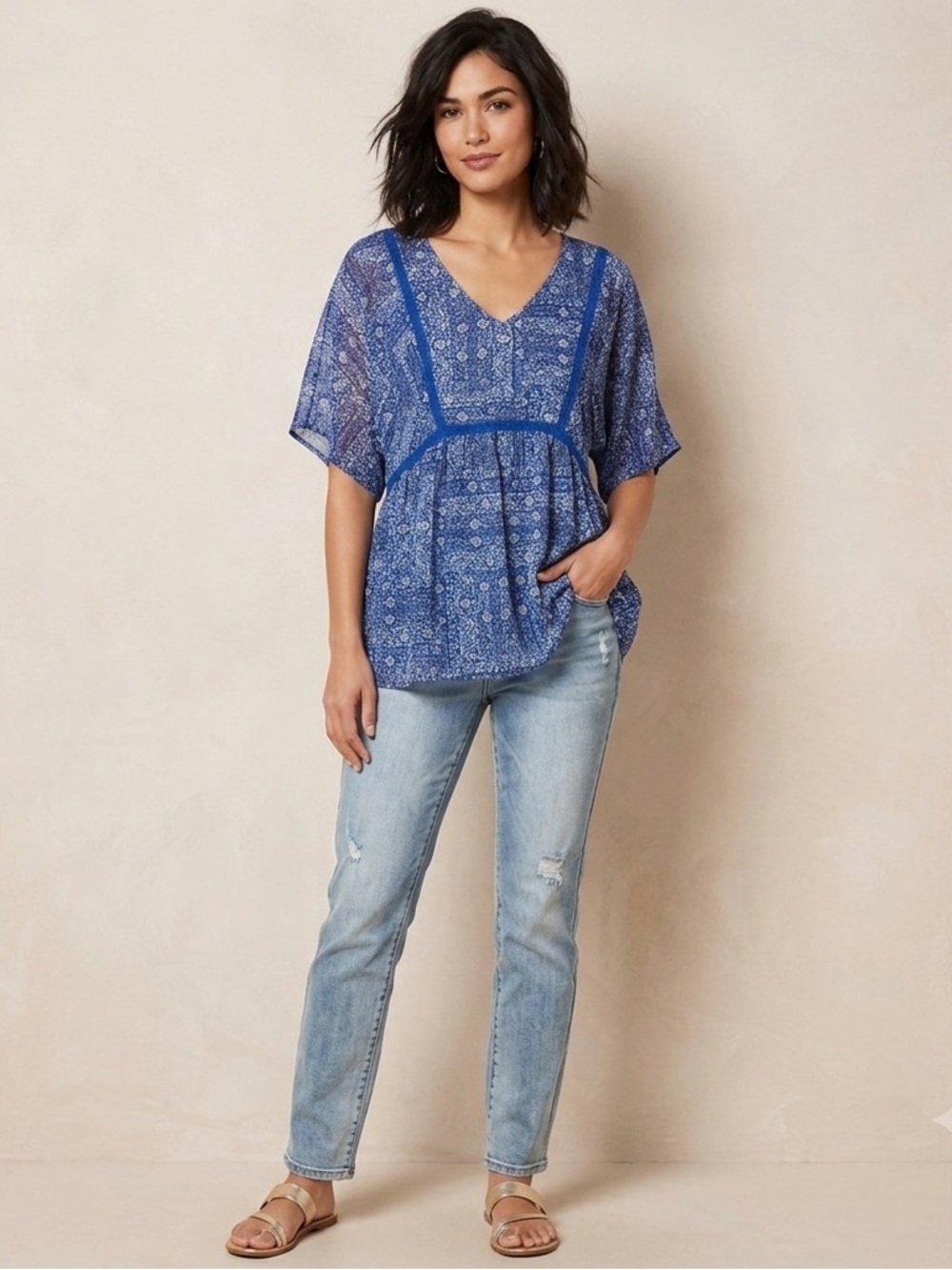Cato Blue Paisley Peasant Top Size XL. Bohemian, Romantic, Crochet Trim